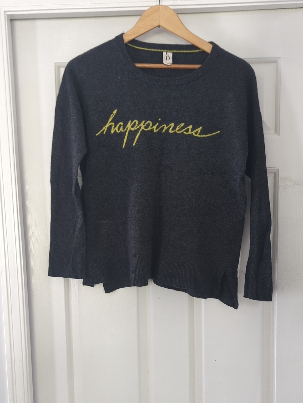 Ellen Degeneres ED Dark Gray Crewneck Sweater with Yellow 'happiness' Script